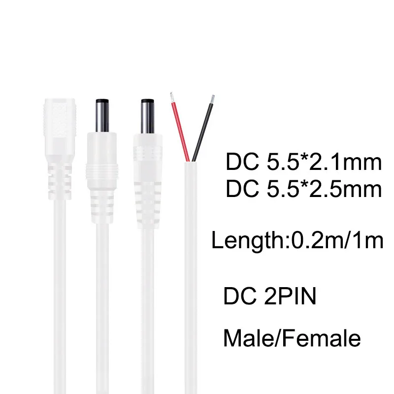 20cm 100cm blanco 18awg 7A DC conector macho hembra cable de 2 pines cable de extensión de fuente de alimentación Cable de cámara 5,5mm x 2,1mm 2,5mm cobre - imagen 2