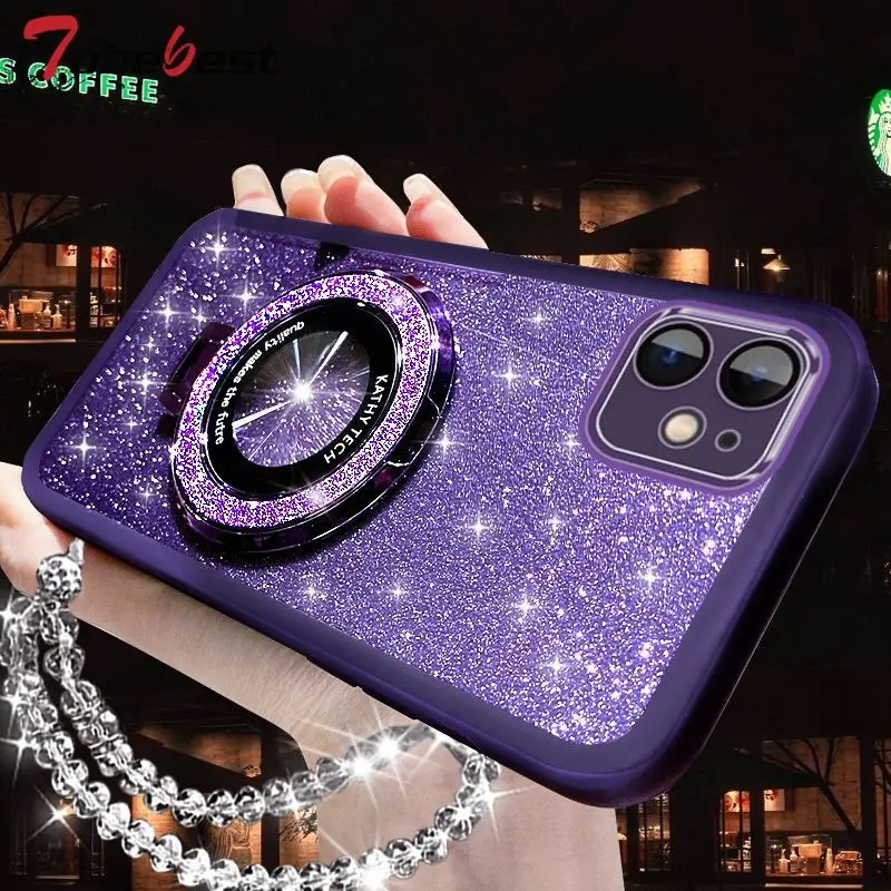 Funda de silicona con soporte Magsafe para iphone, carcasa con purpurina y cristal para modelos 16, 15, 14, 13, 12, 11 Pro, XS Max, XR, X, 8, 7 Plus, SE 2020 - imagen 2
