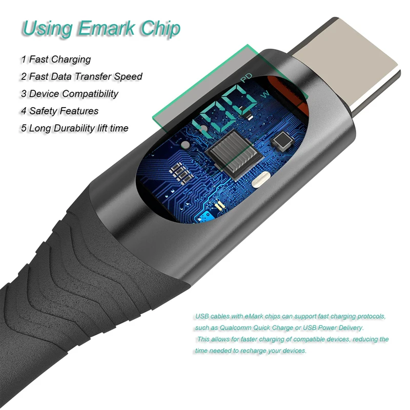 Cable USB A tipo C de 1,2 M/2M, 66W/100W/240W, pantalla LED PD 3,1, Cable cargador de carga rápida para Macbook Pro, Xiaomi, Samsung, portátil Cor - imagen 4