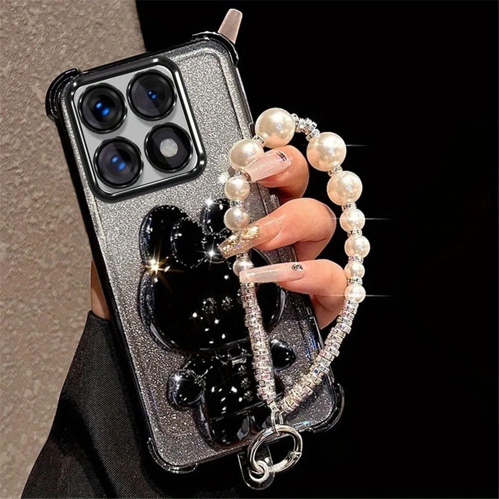 Funda de teléfono con soporte de conejo y espejo con pulsera de perlas para iPhone X XS Max XR 7 8 6 6S Plus SE 2020, funda de silicona suave a prueba de golpes con purpurina - imagen 3