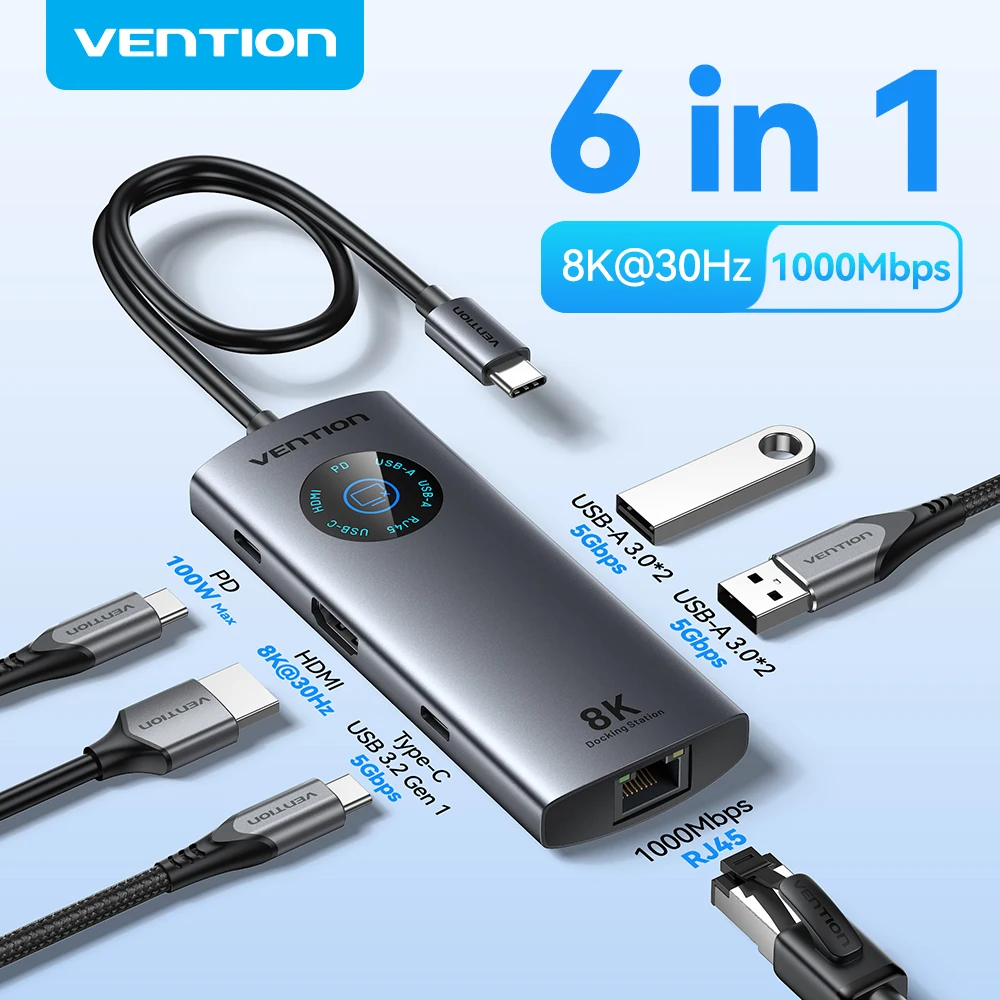 Vention 6 en 1 USB C 8K @ 30Hz HDMI HUB Smart Led Touch USB 3,0 adaptador Ethernet estación de acoplamiento para MacBook Lenovo HP iPad portátil - imagen 2