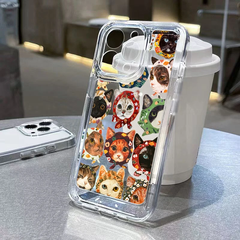 Funda de teléfono con parachoques transparente de TPU con diseño de gato para iPhone 16E 16 15 14 13 12 11 Pro Max XS X 7 8 PLUS SE 2022