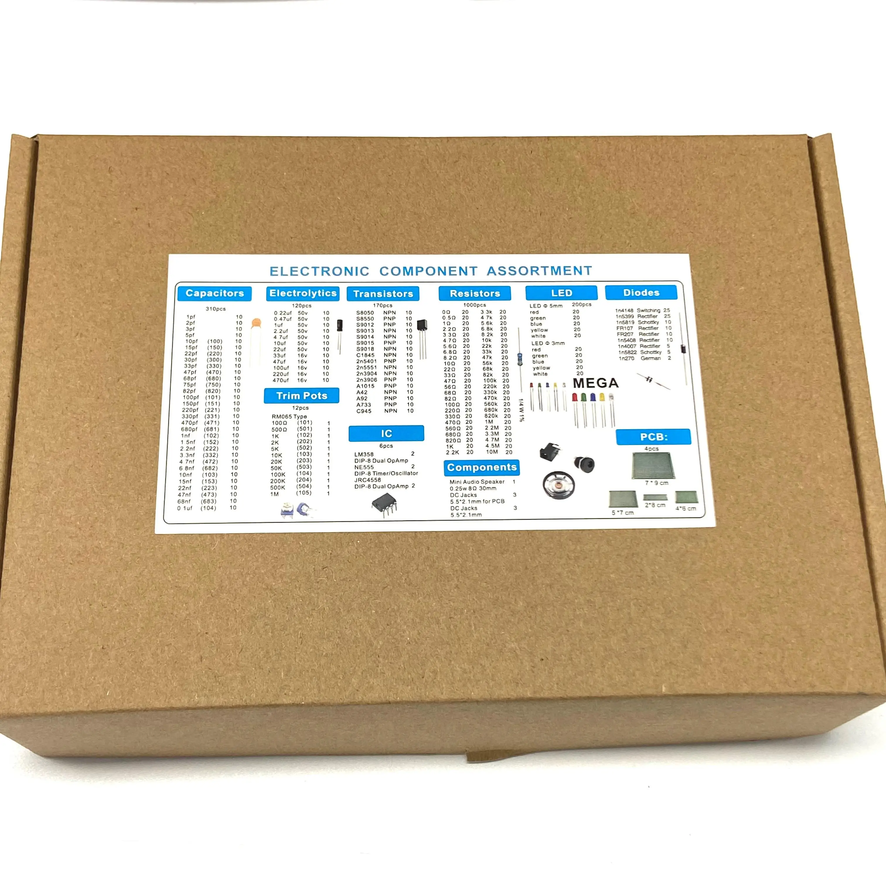 Kit de componentes electrónicos DIY, surtido de resistencias, potenciómetro DIP-IC LED, condensadores de triodo, diodos, bolsa/caja PCB, 1818 Uds. - imagen 5