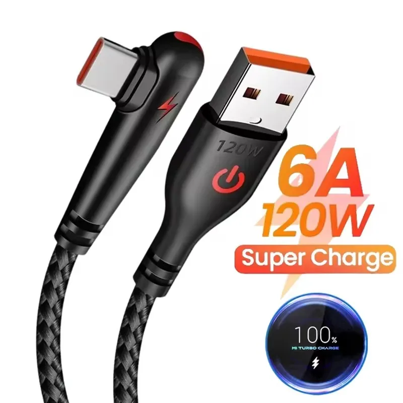 Cable de carga rápida USB tipo C de codo de 90 grados para Huawei Mate 60 50 40 P60 P50 Honor Xiaomi Redmi POCO 120W Cable de cargador rápido