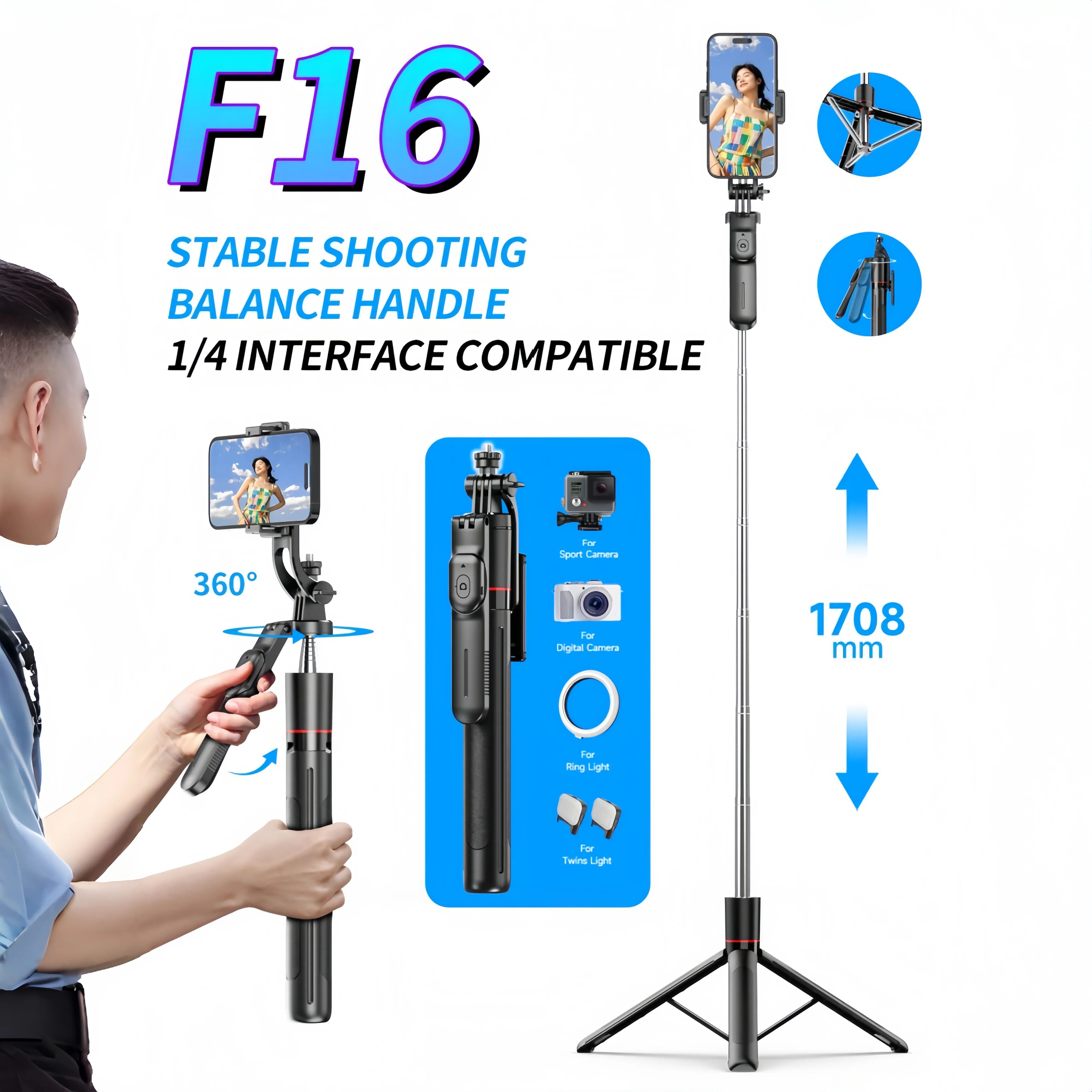 Palo selfie WIFIT F16 con trípode ajustable, 360 ° Disparo, soporte para teléfono desmontable, Bluetooth, telescópico de 1,7 m, Android/iOS - imagen 2