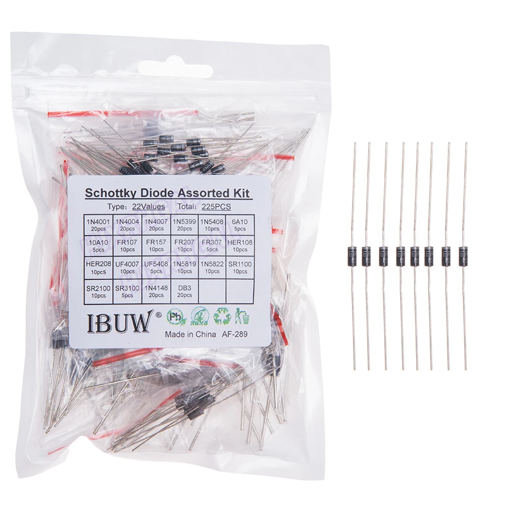Kit surtido de diodos Schottky, 255 piezas, 1N4001, 1N4004, 1N4007, 1N5408, UF4007, FR307, 1N5819, 1N5822, 6A10, 10A10