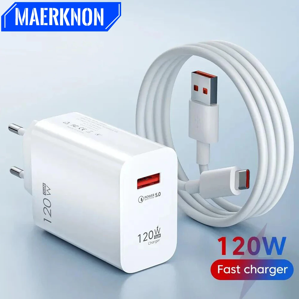 Cargador USB GaN de 120W, adaptador de cargador de teléfono de carga rápida, Cable tipo C para iPhone, Samsung, Xiaomi, Huawei, cargador de pared de carga rápida