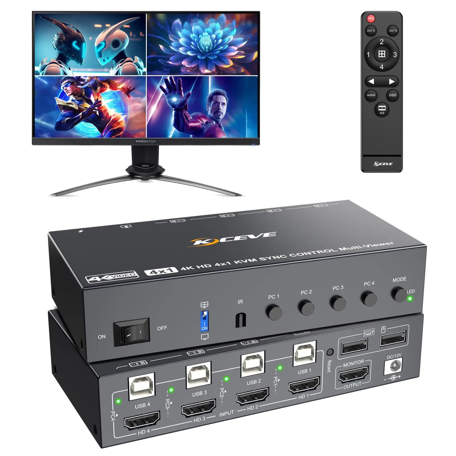 Conmutador KVM de cuatro vistas HDMI de 4 puertos, conmutador KVM de 4 puertos HDMI, pantalla múltiple, pantalla simulada, SYNC, modo PIP, 4 PC 1 modo de monitor