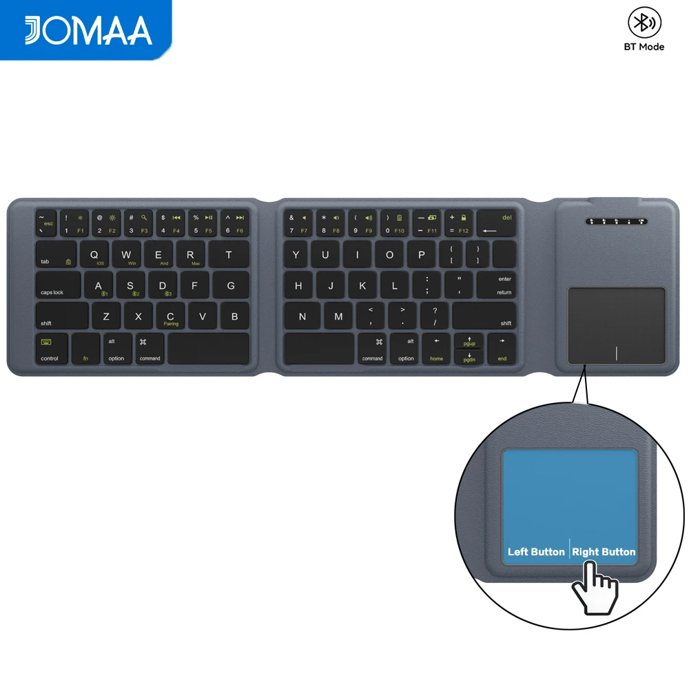 Jomaa Teclado Bluetooth Tri plegable Funda de cuero Teclado inalámbrico plegable recargable con botón táctil derecho izquierdo