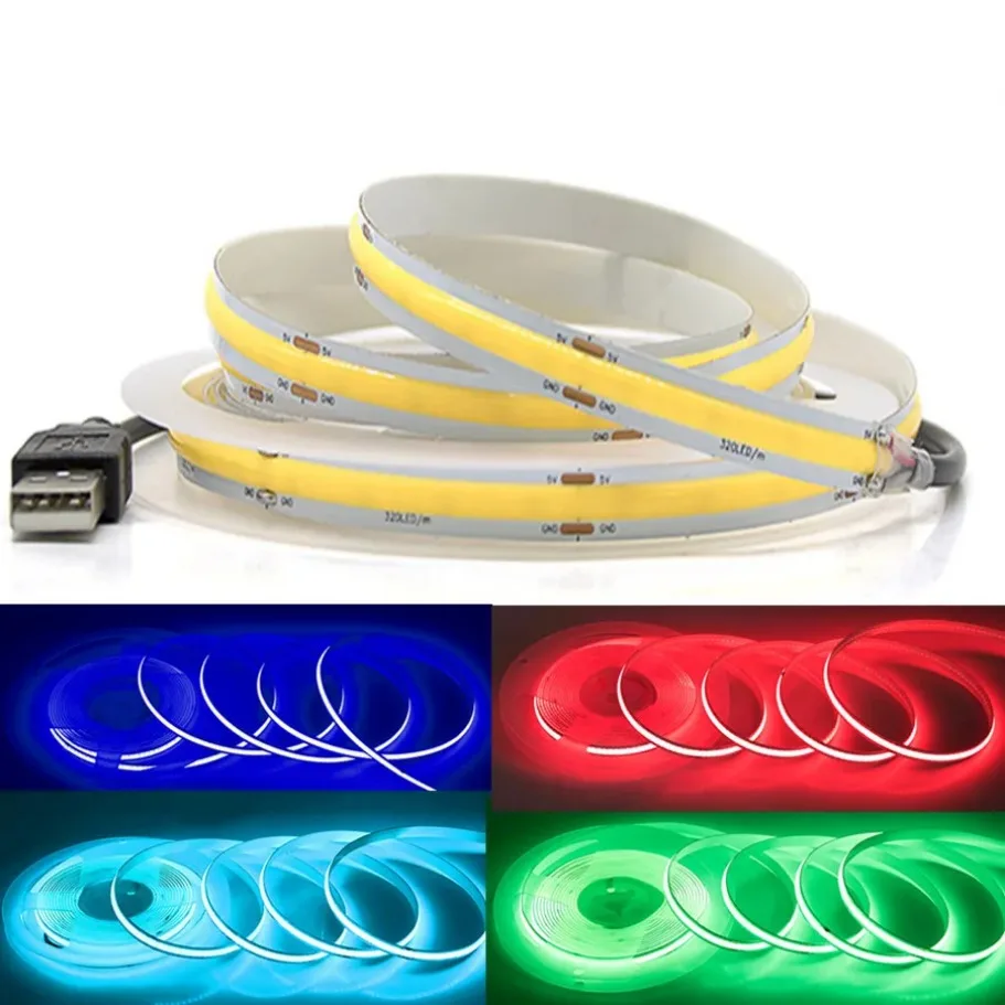 Tira COB USB DC 5V 320Leds/M blanco/rojo/rosa/azul hielo/amarillo lámpara de luz para gabinete retroiluminación de TV cinta Flexible tira de LED