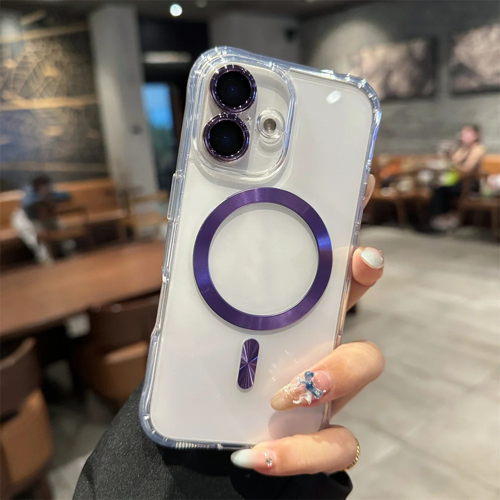 Parachoques de armadura de lujo para funda de teléfono transparente Magsafe para iPhone 15 14 13 16 Pro Max cubierta protectora de lente de carga inalámbrica - imagen 2