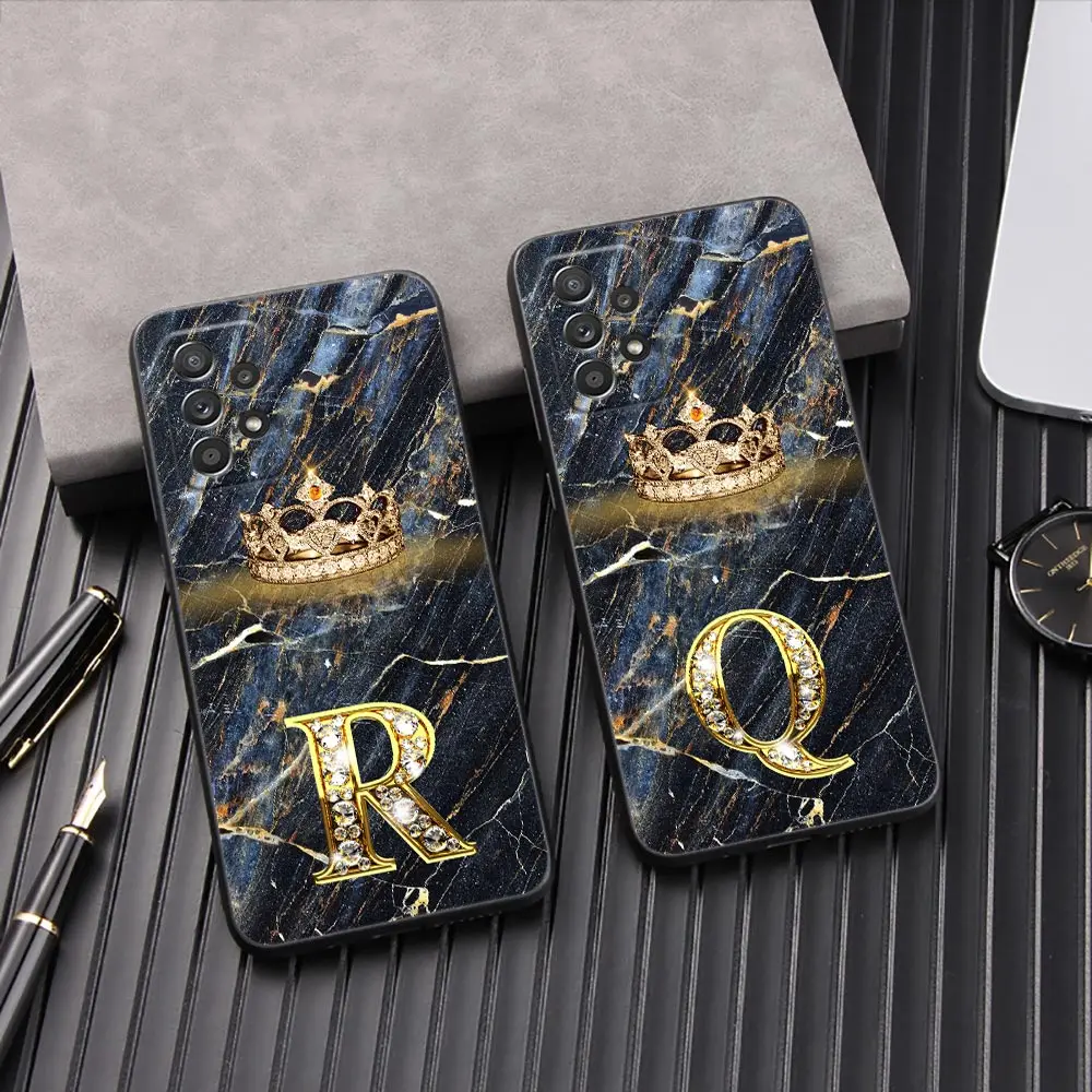 Funda con letra inicial R Q T Galaxy A53 5G, carcasa trasera a la moda con corona de mármol para Samsung A54, A52, A51, A71, A73, A72, A41, A42, A32, A33