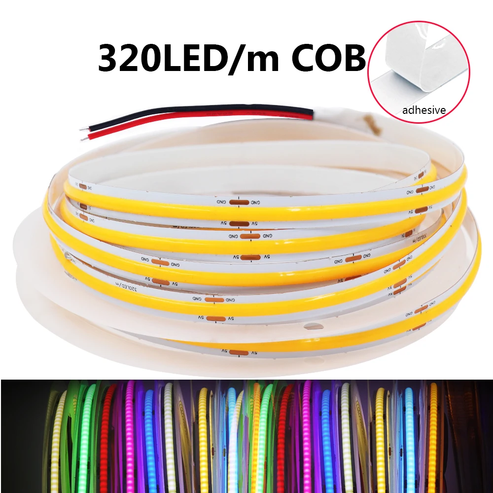 Tira de luces LED COB de 12V y 24V CC, 5mm, 8mm de ancho, 320LEDs/m, cinta LED Flexible, luz lineal, lámpara de decoración del hogar roja y azul, 1m, 2m, 3m, 4m, 5m