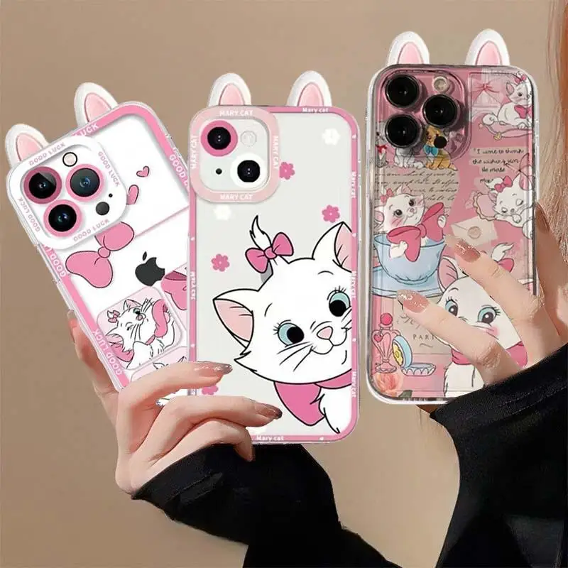 Bonita funda de teléfono transparente Mary Cat para Iphone 15 Pro Max 11 12 13 14 Pro Max 6 6S 7 8 Plus 12 Mini XS Max XR SE 2 funda de gato con orejas 3D