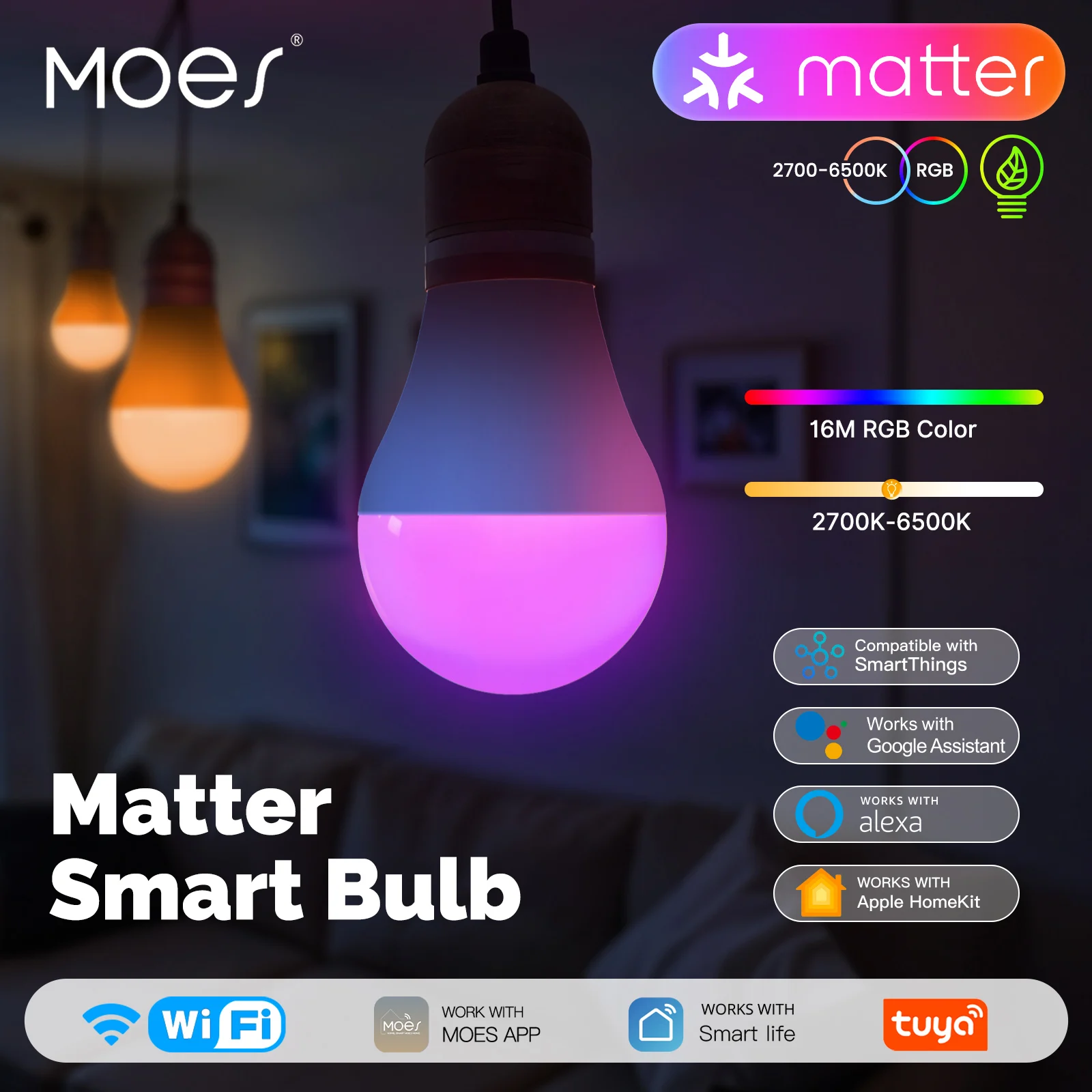 MOES Tuya MATTER WIFI bombilla inteligente E27 LED regulable 14W RGB C + W cambio de Color 2700K-6500K Control de aplicación inteligente compatible con Alexa Google