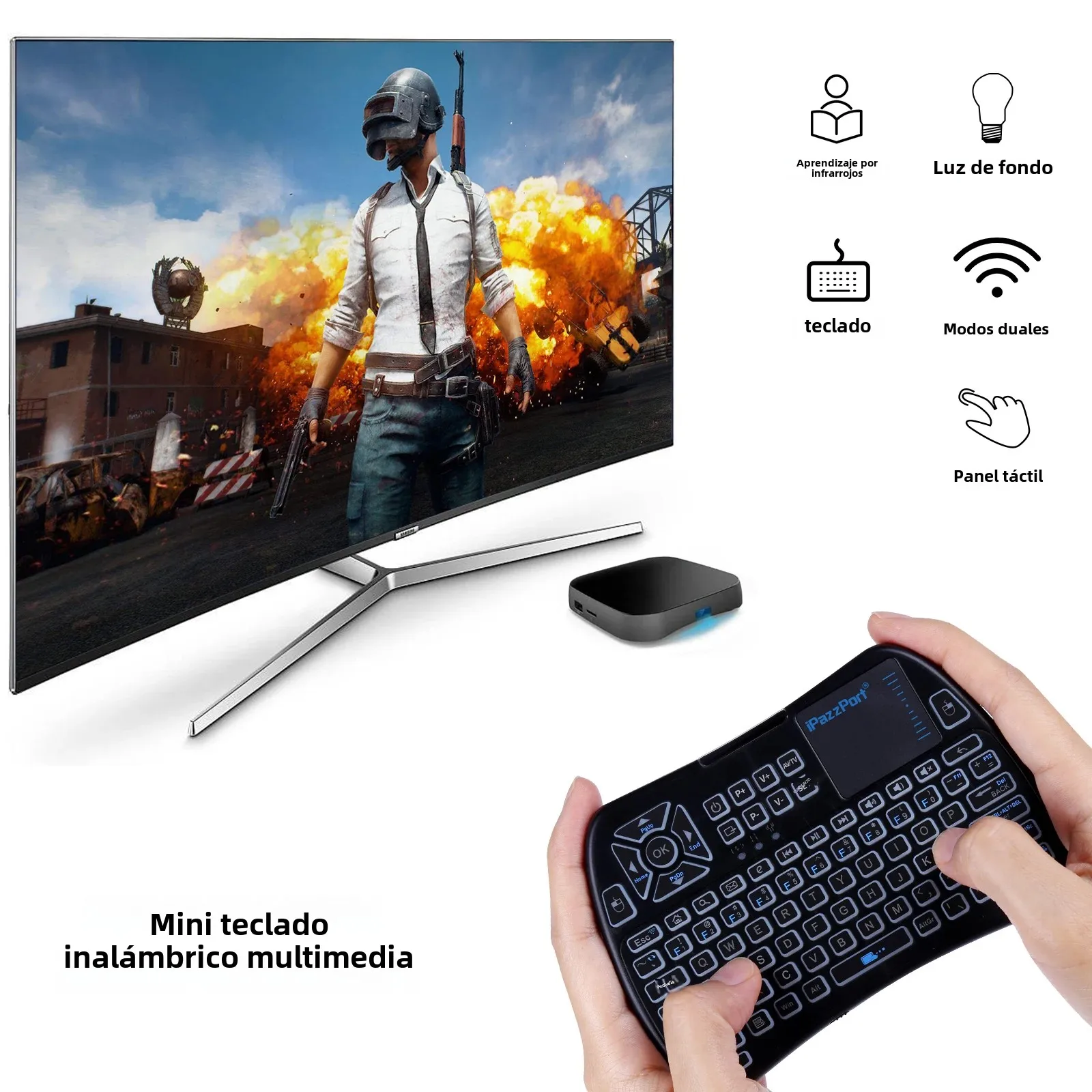 Mini teclado retroiluminado iPazzPort con panel táctil, modo Bluetooth y 2,4 GHz, control remoto IR, RGB recargable para Smart TV/Android/PS4/PC - imagen 3