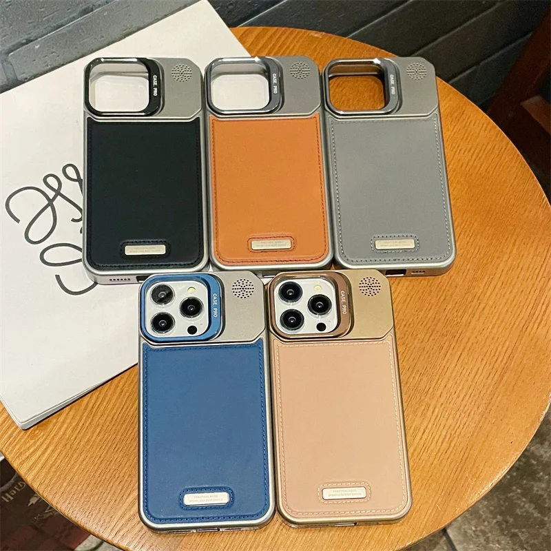 Para iPhone 16 15 14 13 12 11 Pro Max Plus soporte de cámara sin marco funda de teléfono de cuero mate soporte de lente cubierta de protección