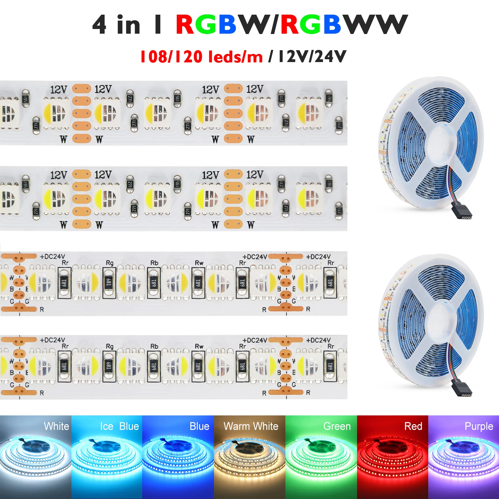Tira de luces LED RGBW RGBWW de 5M 4 en 1 5050 DC12V 108LEDs/M cinta de luz Flexible decoración del hogar DC24V 120LEDs/M tiras de lámpara de 5 pines - imagen 4