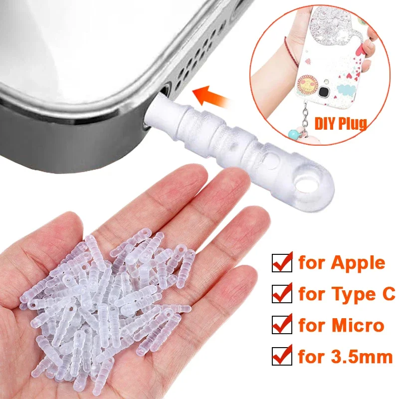 10/5/1 Uds puerto de carga transparente tapón antipolvo para IPhone Micro USB tipo C auricular 3,5mm Jack a prueba de polvo DIY tapones protectores
