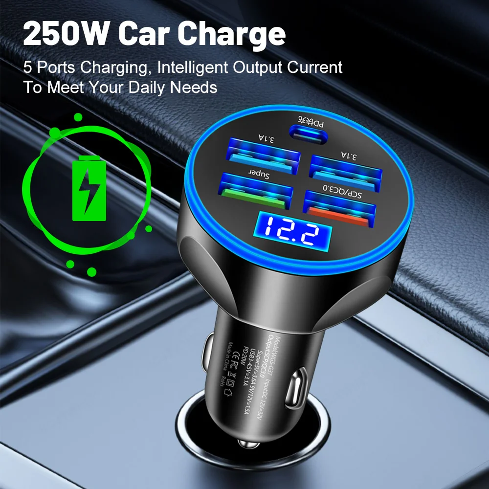 Cargador de coche de 5 puertos, cargador de teléfono de coche USB C de carga rápida para iPhone, Samsung, Xiaomi PD tipo C Mini adaptador en coche - imagen 2