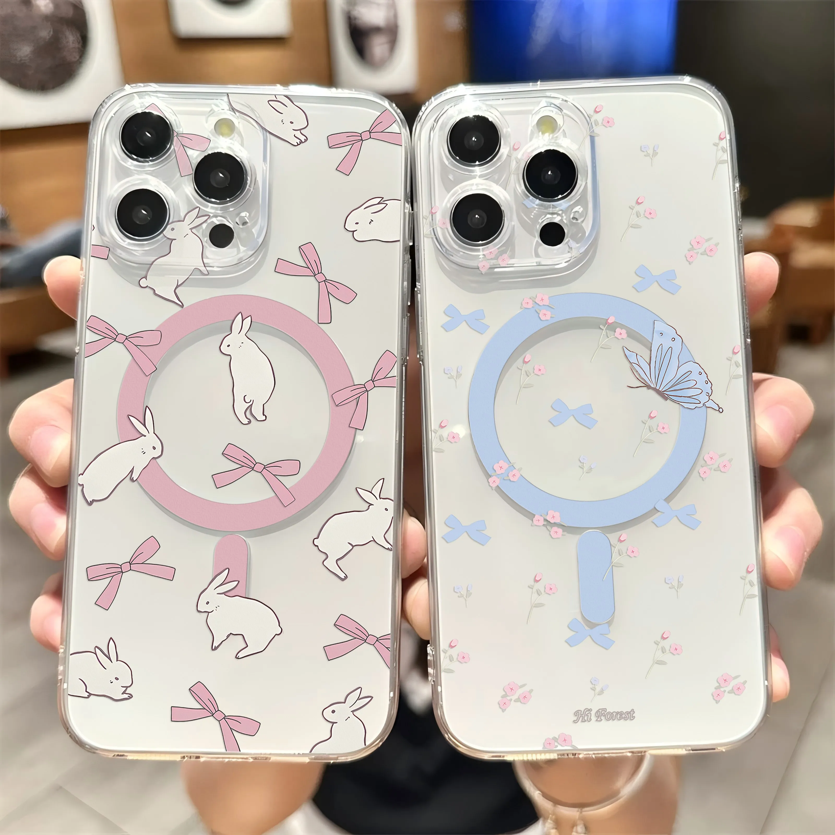 Funda de teléfono magnética Magsafe con lazo rosa y azul para IPhone 16 15 14 13 12 11 8 7 Plus Pro Max X XR XSMax, funda de Tpu transparente suave