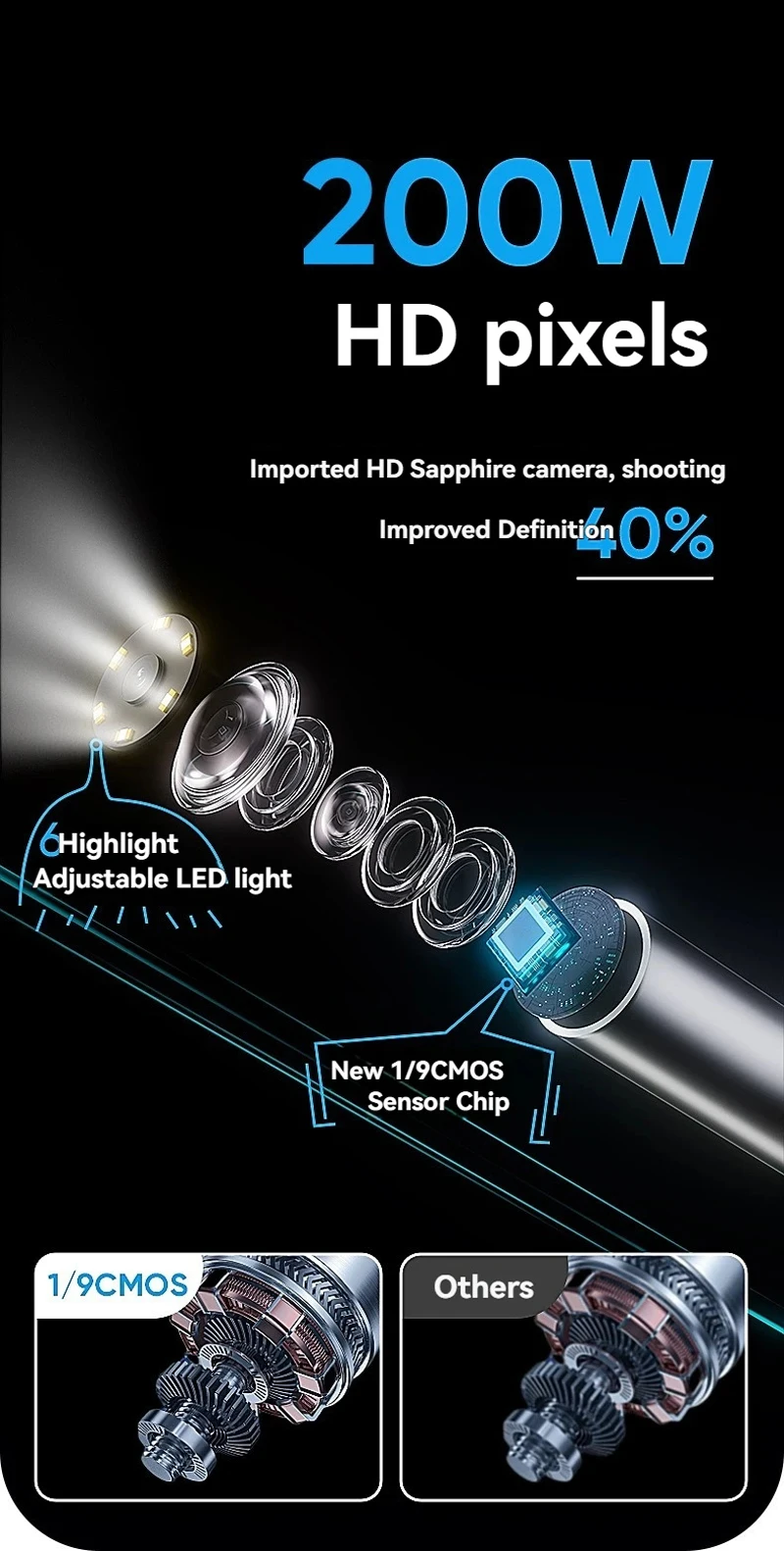 1m 6mm/8mm 200w HD Pixel Smart Steering Industrial Endoscope ios/Android Handheld Pipeline Car Repair Inspection borescope For P - imagen 3