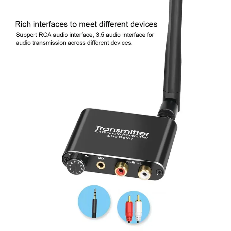 Transmisor y receptor de Audio Wifi inalámbrico, 50M, 2,4G, extensor de Audio inalámbrico de 5,8G, sistema de sonido RCA R/L de 3,5mm, Control de volumen - imagen 4