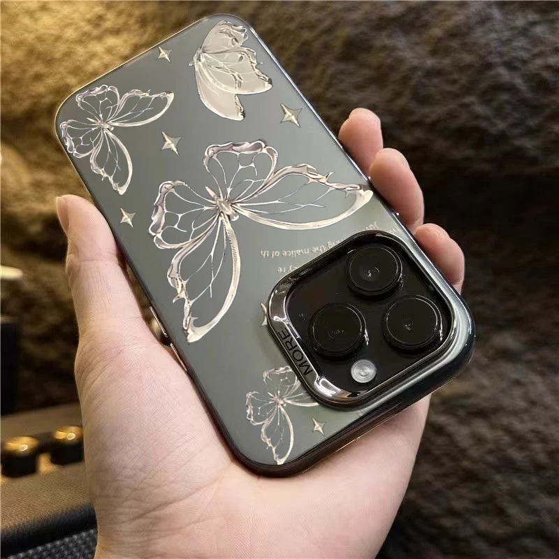 Funda de teléfono mate con mariposa dorada y plateada láser de lujo para iPhone 16 15 14 Pro Max 13 12 11 XS X XR 7 8 16 Plus SE 2020 2022 - imagen 4