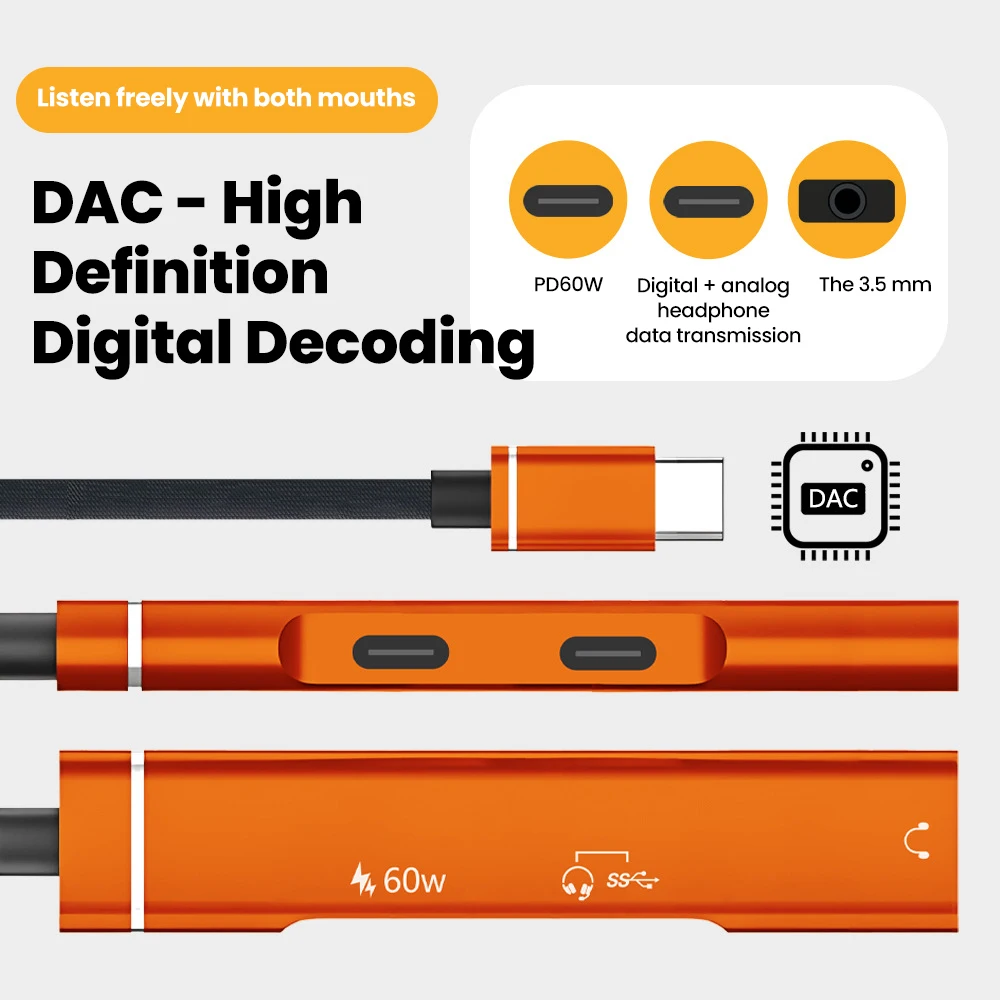 Adaptador divisor de concentrador tipo C de carga rápida de 60W para iphone 15 16 17 Huawei Xiaomi Samsung accesorios de PC tipo C adaptador de Audio de 3,5 MM - imagen 4