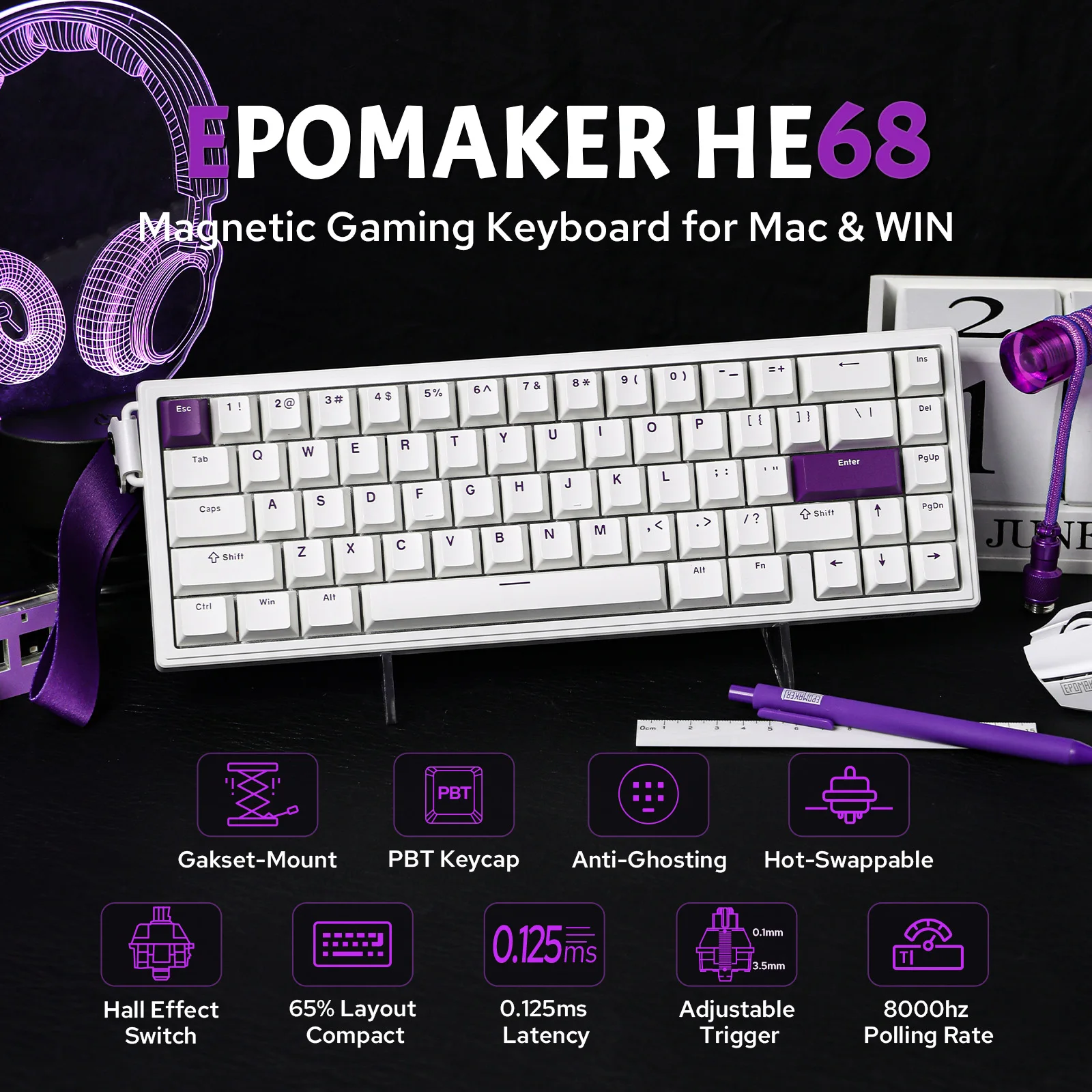 EPOMAKER HE68 65% ANSI US Layout Teclado magnético para juegos con cable efecto Hall montado en junta para Mac/WIN con velocidad de orolling de 8000 Hz - imagen 3