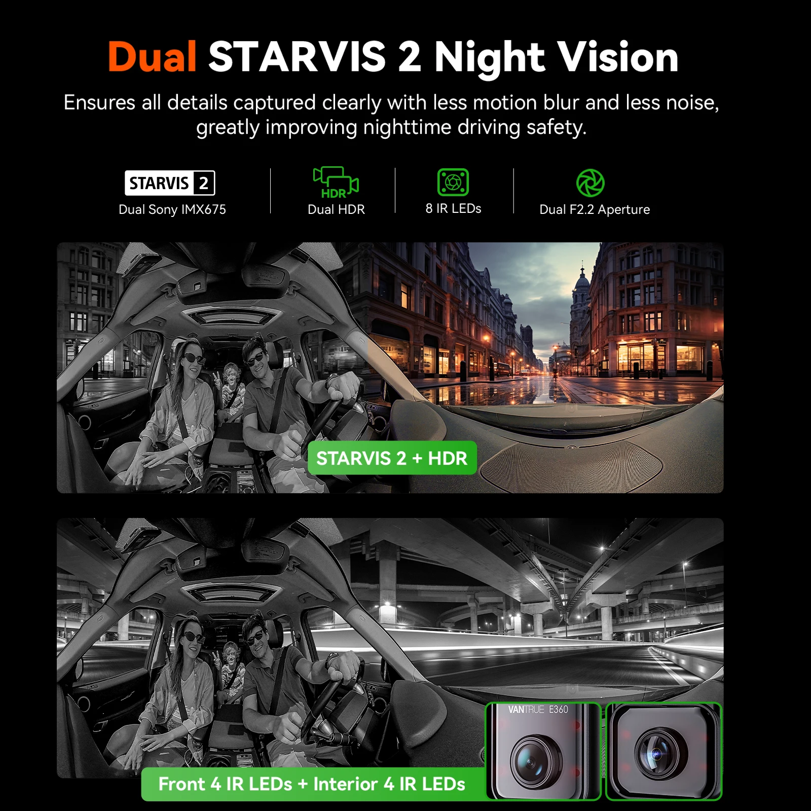 Vantrue E360 Dashcam 360 ° 5.2K Panorámica 5GHz WiFi y GPS Cámara dual STARVIS 2 IR Visión nocturna Control de voz Pantalla táctil para automóviles - imagen 5