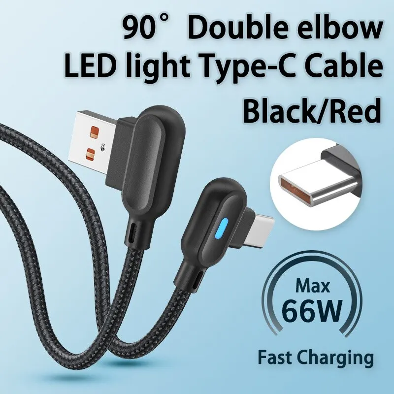 Cable de carga rápida tipo C para juegos, Cable de datos trenzado, doble codo ligero, para Samsung, Xiaomi, teléfono móvil, 66W