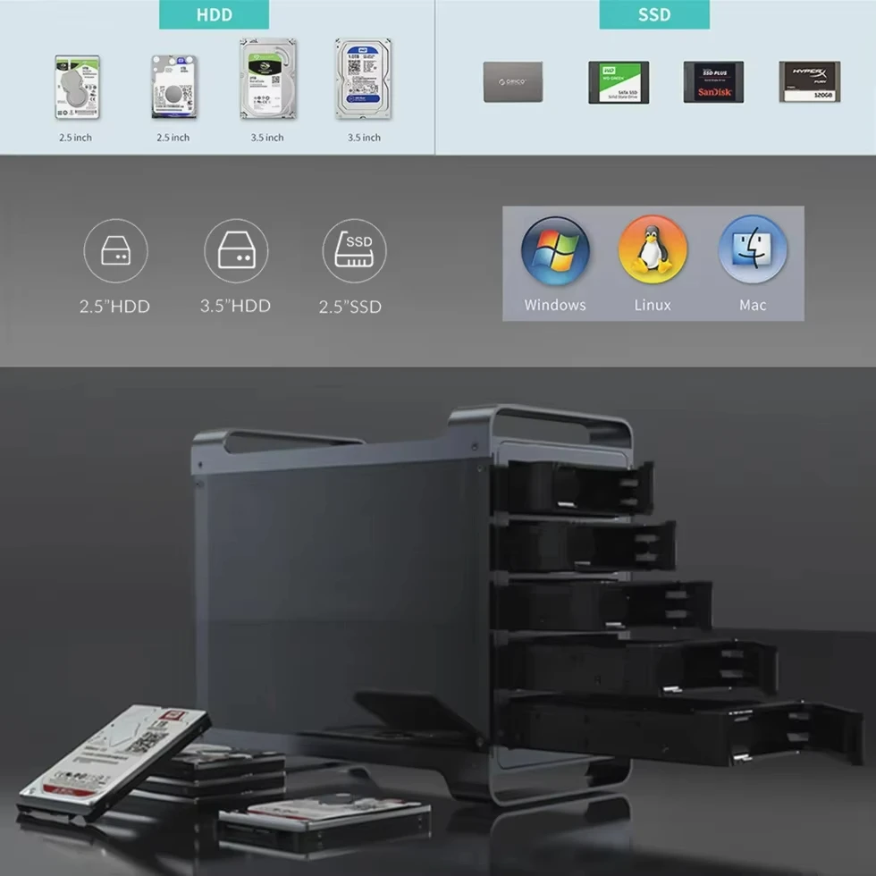 【Almacén local!】Caja de disco duro externo RAID de 5 ranuras Yottamaster Caja de disco duro/SSD SATA de 2,5" y 3,5" con ventilador silencioso - imagen 5