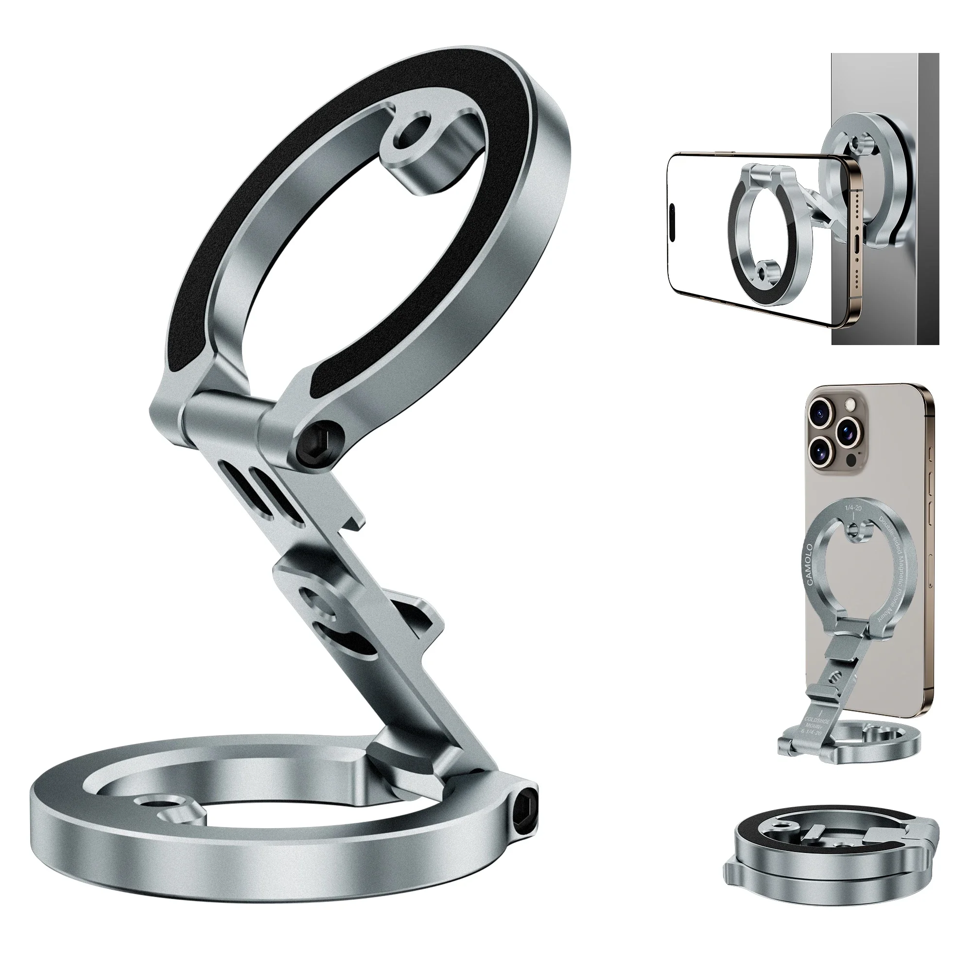 Soporte magnético para teléfono Magsafe de doble cara para iPhone Android, montaje en trípode con tornillo de 1/4 ", soporte magnético plegable para teléfono con anillo - imagen 2