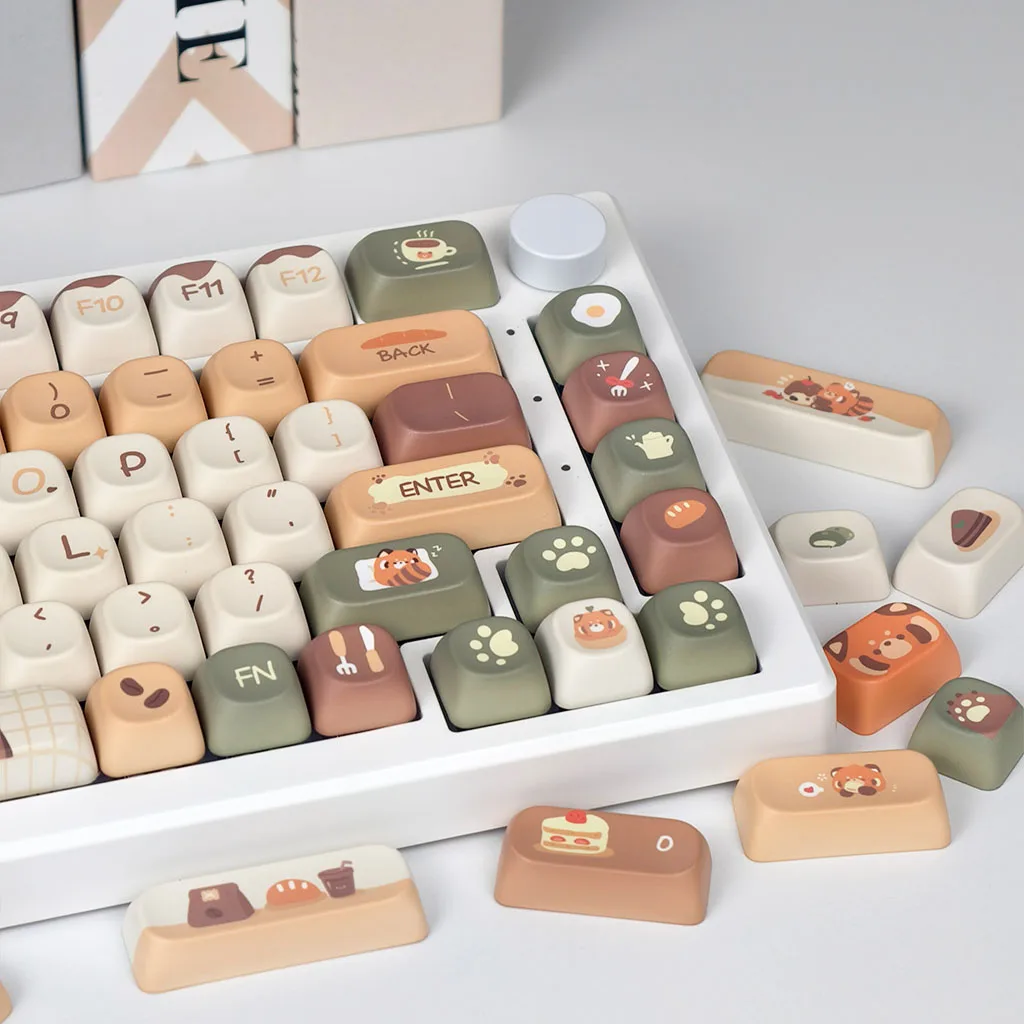Juego de teclas de café Panda rojo, perfil MOA, dibujos animados, bonitos teclas personalizadas para teclado mecánico, sublimación PBT, Retro, amarillo y marrón - imagen 5