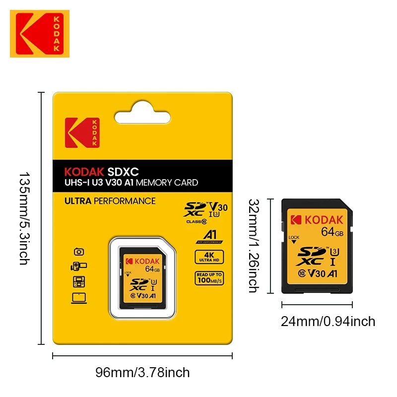 KODAK-tarjetas SD para cámara, tarjeta de memoria de alta velocidad de 100 MB/s, 256GB, 128GB, 64GB, SDXC C10, A1, U3, V30, UHS-I, 4K, HD, SLR, DV - imagen 5
