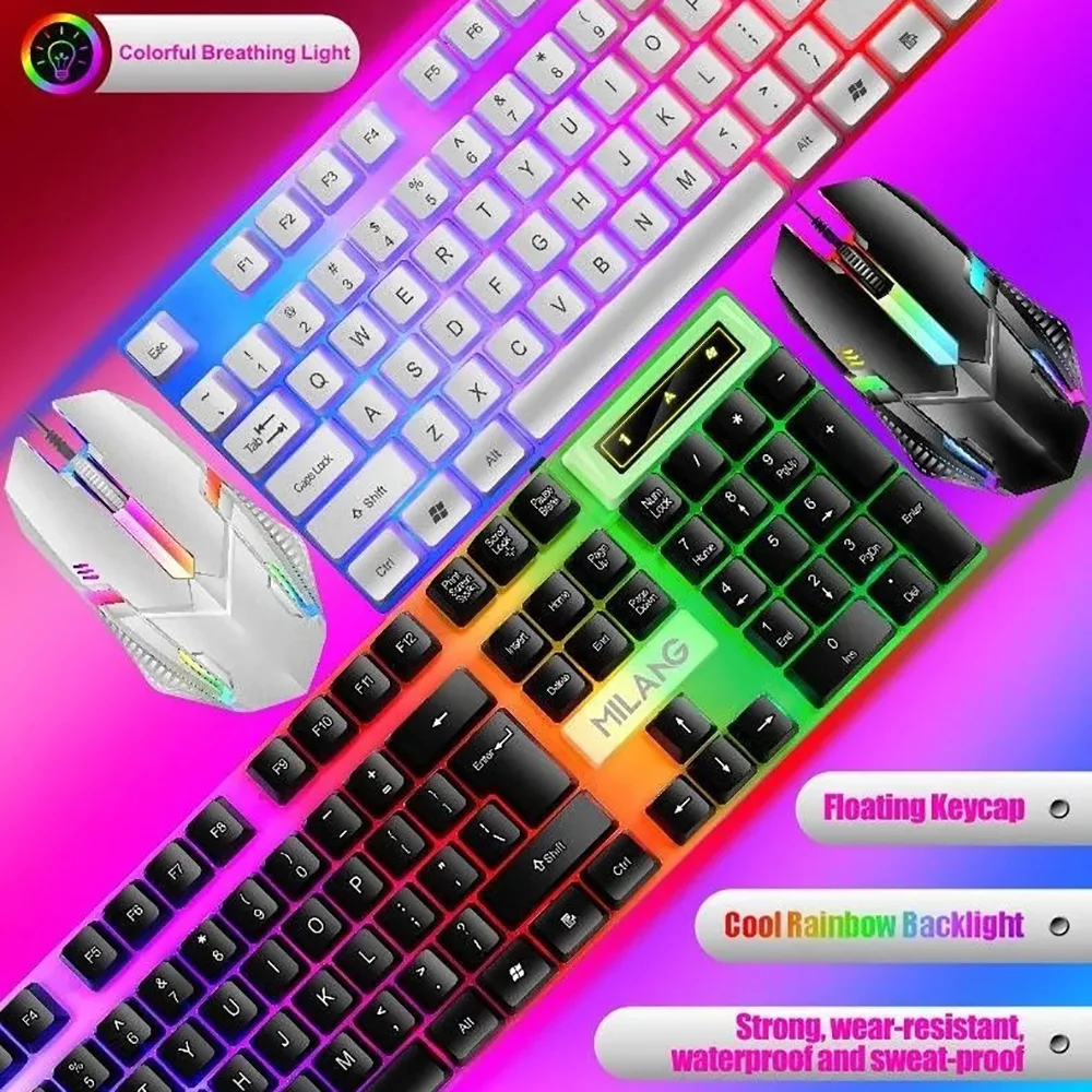 Juego de teclado y ratón con cable para oficina y negocios, iluminación colorida, ergonómico, Accesorios para ordenador portátil y PC, 104 teclas