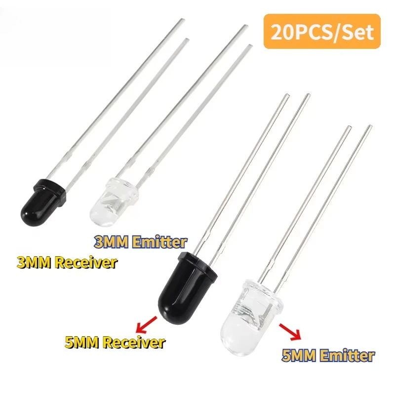 20 unids/set F3 F5 diodo 940nm 3mm 5mm F3 F5 LED emisor de infrarrojos y diodo receptor IR F3 F5 LED diodos para Arduino DIY Kit - imagen 3