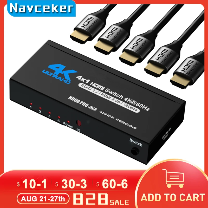 2023 el mejor conmutador HDMI 4K 2,0 compatible con RGB 4:4:4 HDR HDMI conmutador 4K 60Hz HDMI 2,0 interruptor remoto IR UHD 4 puertos HDMI conmutador - imagen 2