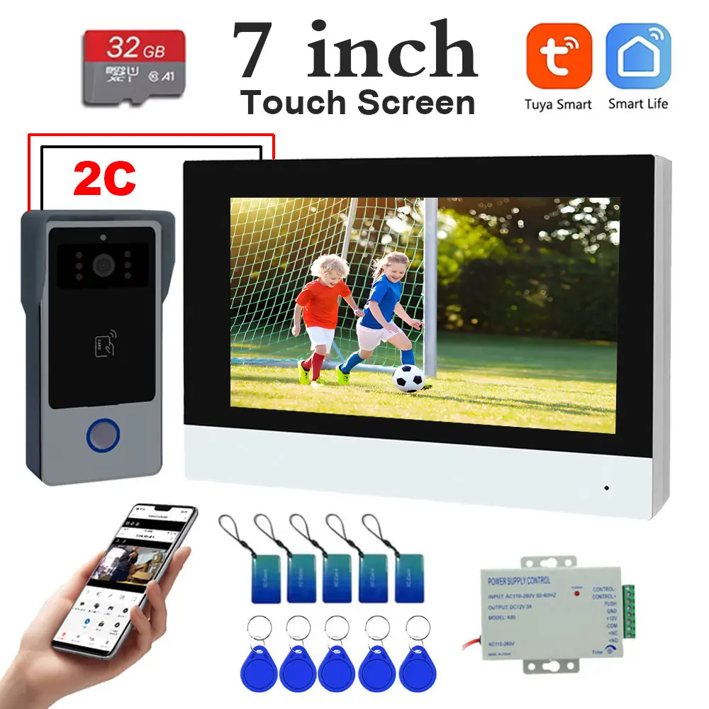 Nuevo Tuya-timbre inteligente de 2 cables, sistema de videoportero Wifi con aplicación remota, tarjeta IC, desbloqueo, 1080P, pantalla táctil de 7 pulgadas