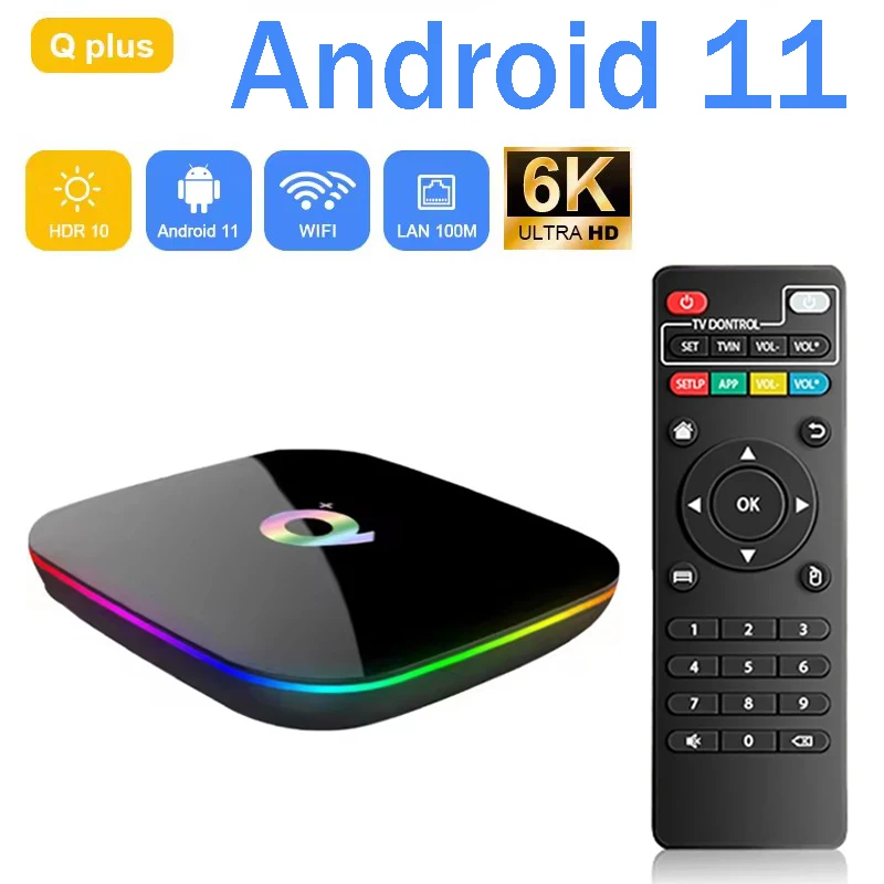 Q Plus TV Box Smart Quad Core Acceleración de gráficos 3D Ultra alta velocidad ejecución 6K Ultra HD Android 11 reproductor multimedia decodificador