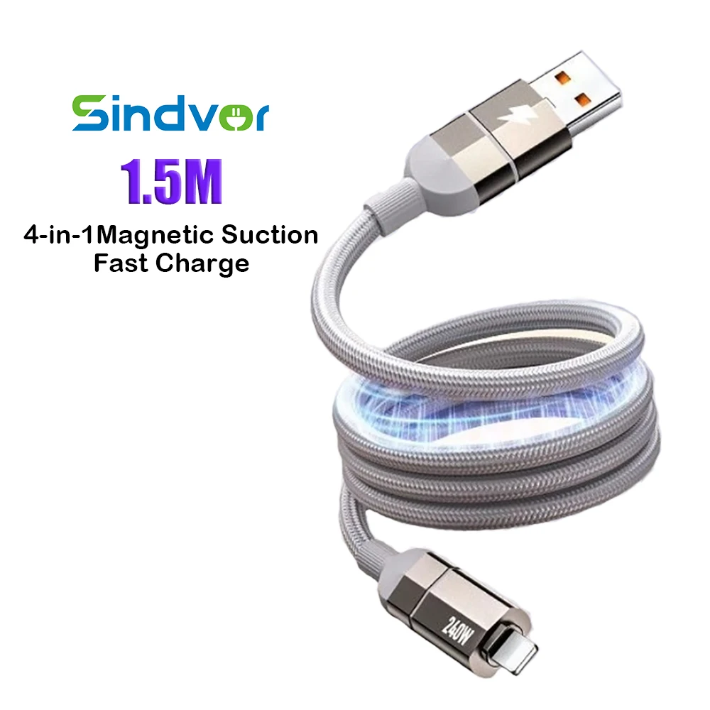 4 en 1 carga rápida magnética 240W USB tipo C a Cable iOS Cable magnético multifunción para teléfono móvil en espiral para iPhone