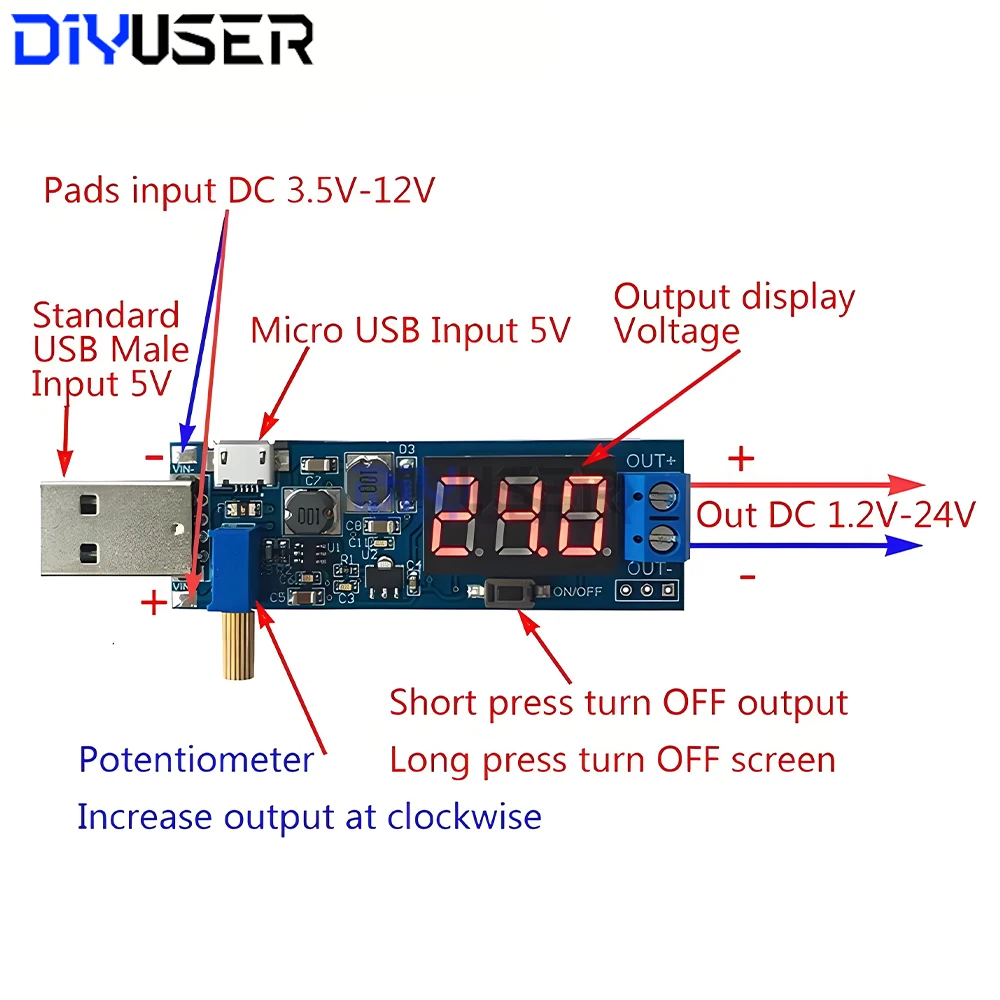 Módulo convertidor Boost Buck ajustable, DC-DC 5V a 3,3 V 12V reductor, amplio voltaje 1,2 V-24V para electrónica Arduino DIY - imagen 2