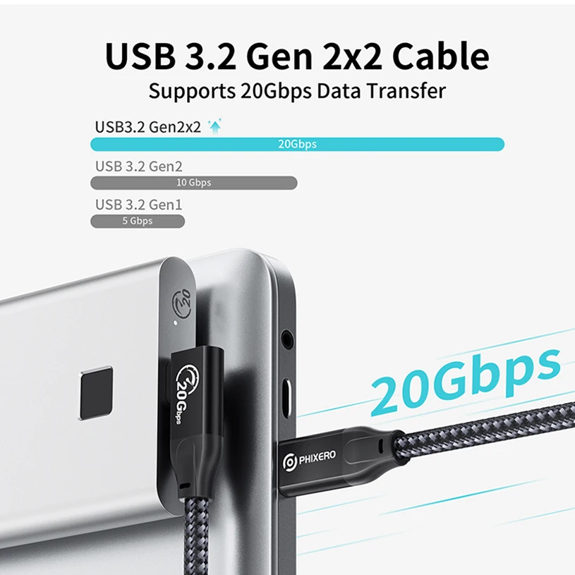 PHIXERO PD 100W USB 3,2 Cable de carga rápida tipo C 3 20Gbps Cable de extensión de alta velocidad 20V 5A Kabel de carga 4K 60Hz línea de cargador - imagen 3