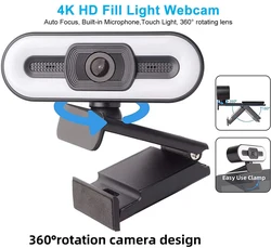 Cámara Web portátil 4K para PC, portátil, 2K, 1080P, transmisión en vivo, cámara Web Flexible Full HD para ordenador con micrófono y luz