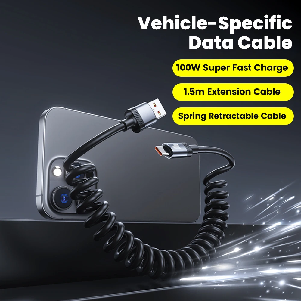 Cable de resorte para coche de 1,5 M, Cable de carga súper rápida de 100W 5A tipo C a Cable tipo C para iPhone 15 16 Samsung Huawei Xiaomi Cable USB C - imagen 2