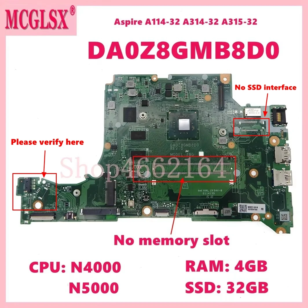 DA0Z8GMB8D0 con CPU N4000 N5000 4GB-RAM 0GB/32GB-SSD placa base para ordenador portátil Acer Aspire A114-32 A314-32 A315-32 - imagen 3