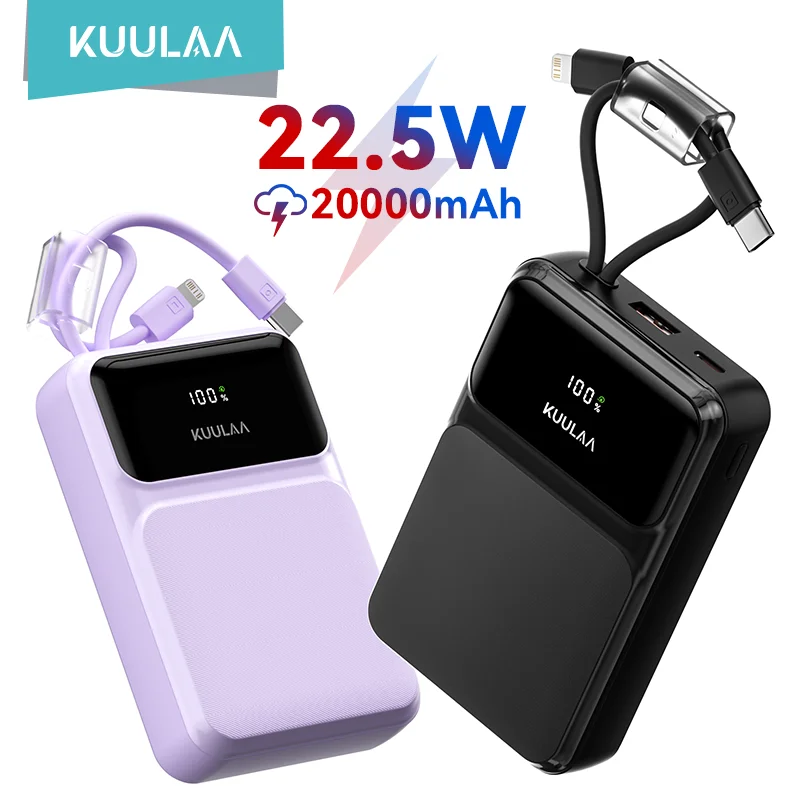 KUULAA 22,5 W Power Bank 20000 mAh cargador portátil PD carga rápida con Cable USB tipo C incorporado para iPhone 16 15 14 13 Pro Max