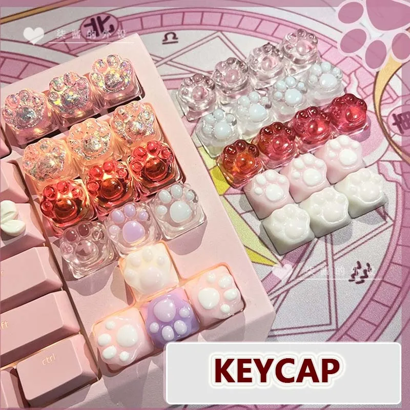 Teclado mecánico personalizado, tapa de llave con garra de gato rosa transparente, eje transversal de resina, tapa de tecla de botón de ordenador