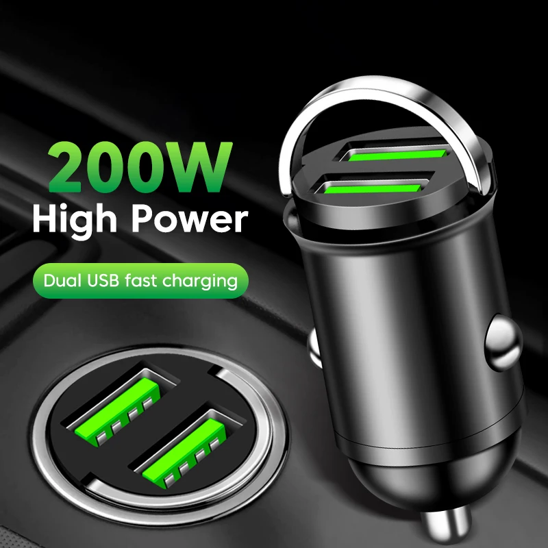 Cargador de coche USB Dual de 200W, Mini adaptador de cargador de teléfono de coche con anillo de tracción de carga rápida para iphone, samsung, huawei y xiaomi
